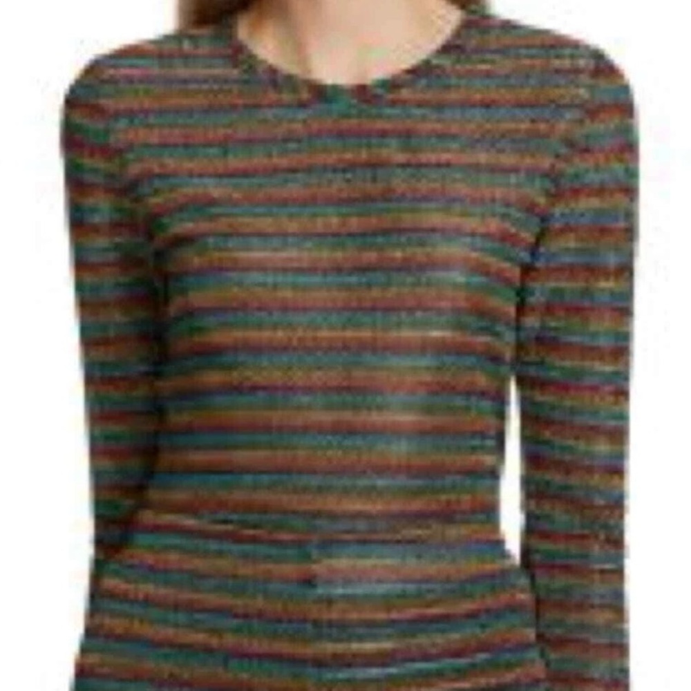 Bruce Glen Metallic Rainbow Stripe Lightweight Long-Sleeve Stretch Crewneck Top
